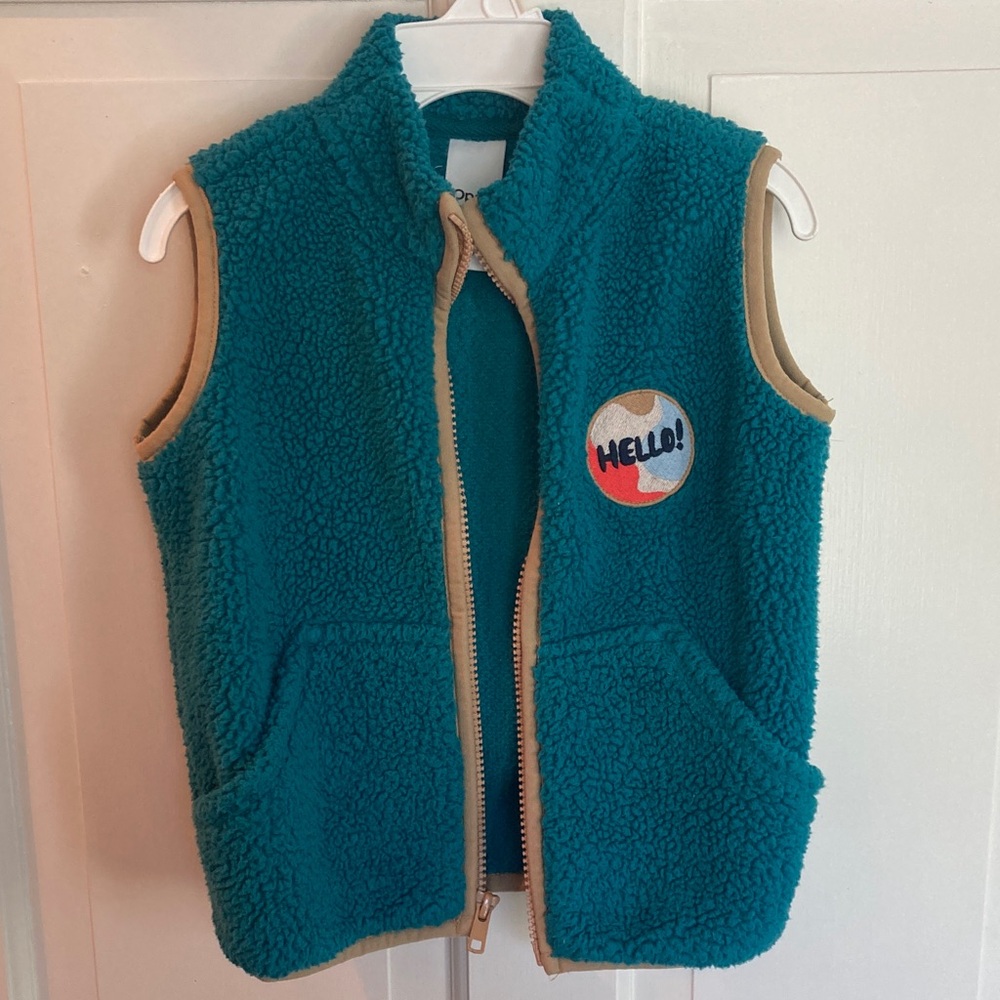 Open Edit 3T Teal Fleece Vest with Patch “hello!”